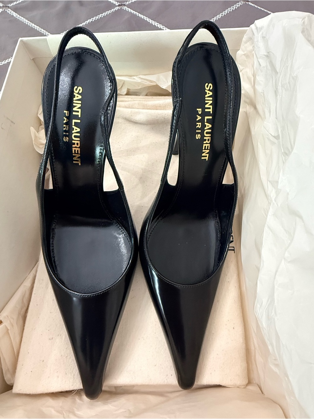 Yves Saint Laurent Black Patent Slingback Pointed Pumps